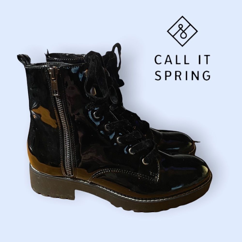 Call It Spring Black Patent Combat Moto Boots 7